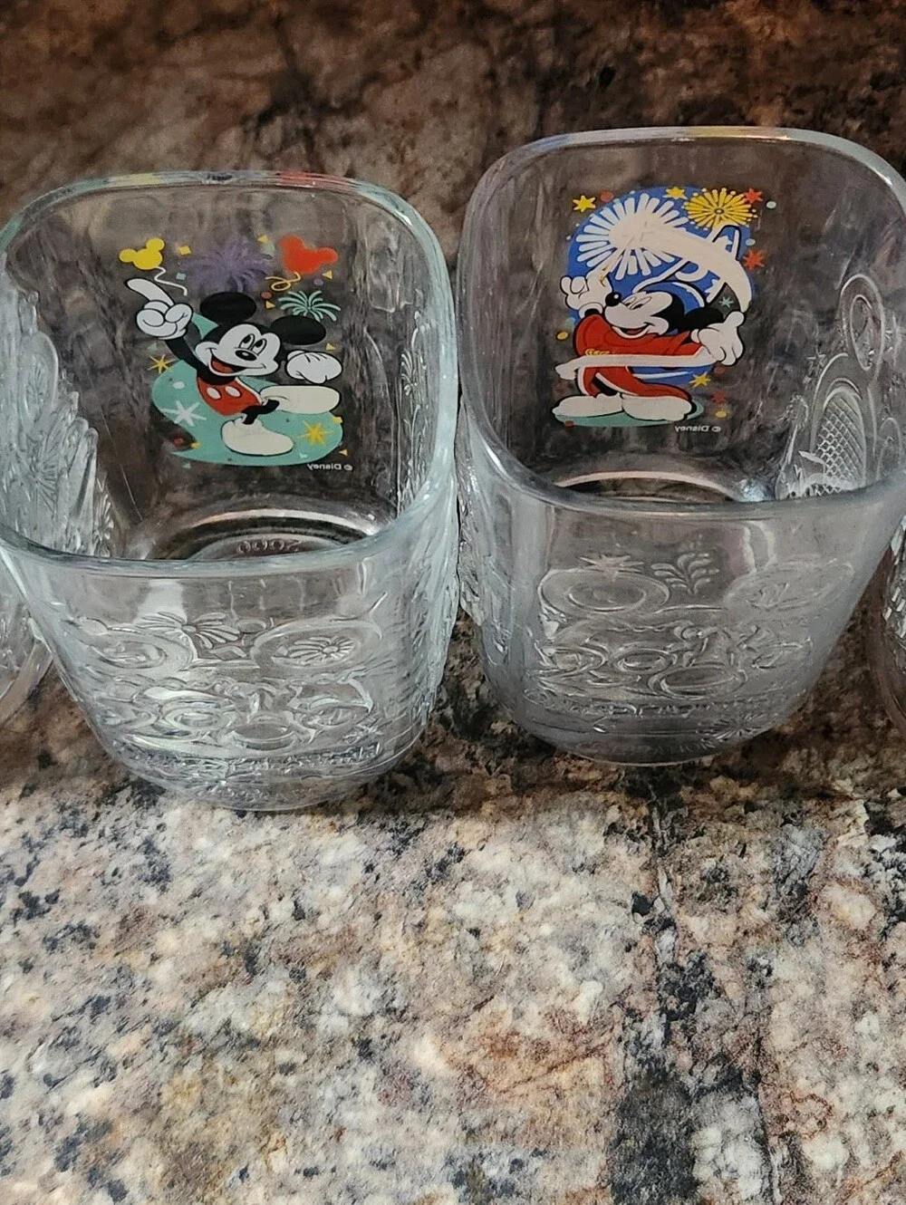 Disney Clear Glass Tumbler Set with Red, Yellow & Blue Character Artwork